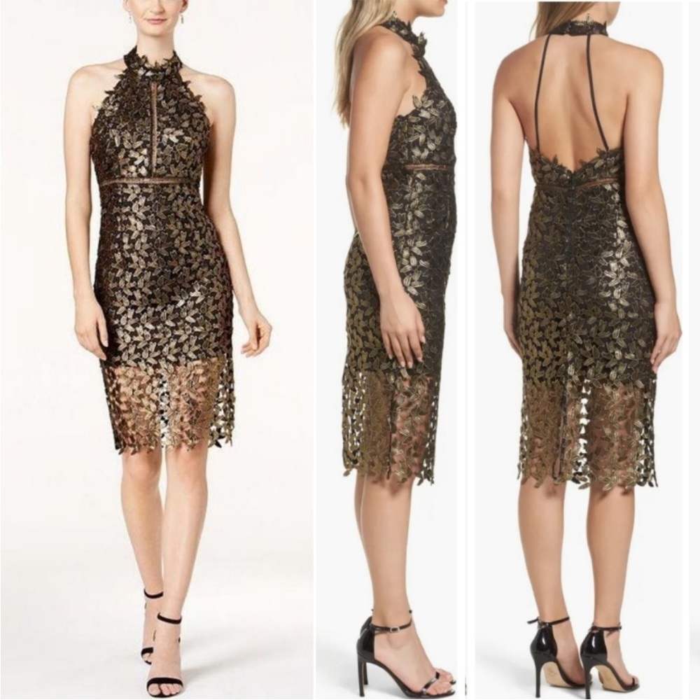 Bardot Gemma Lace Halter Black And Gold US 10/L Lined Ladder Stitch Metallic